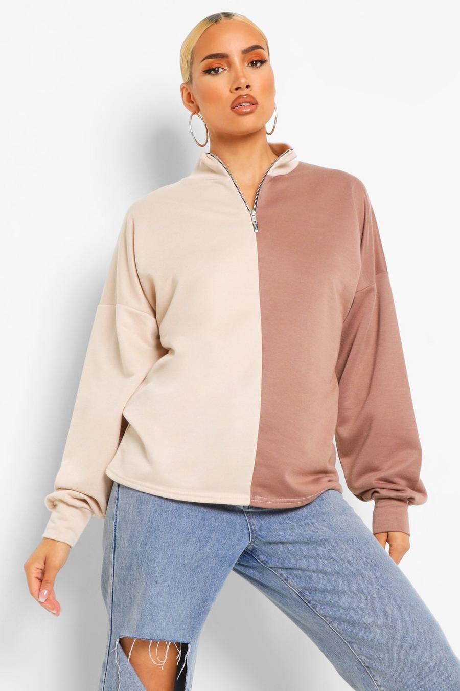 Chestnut Colorblock Half Zip Oversized Sweatshirt image number 1