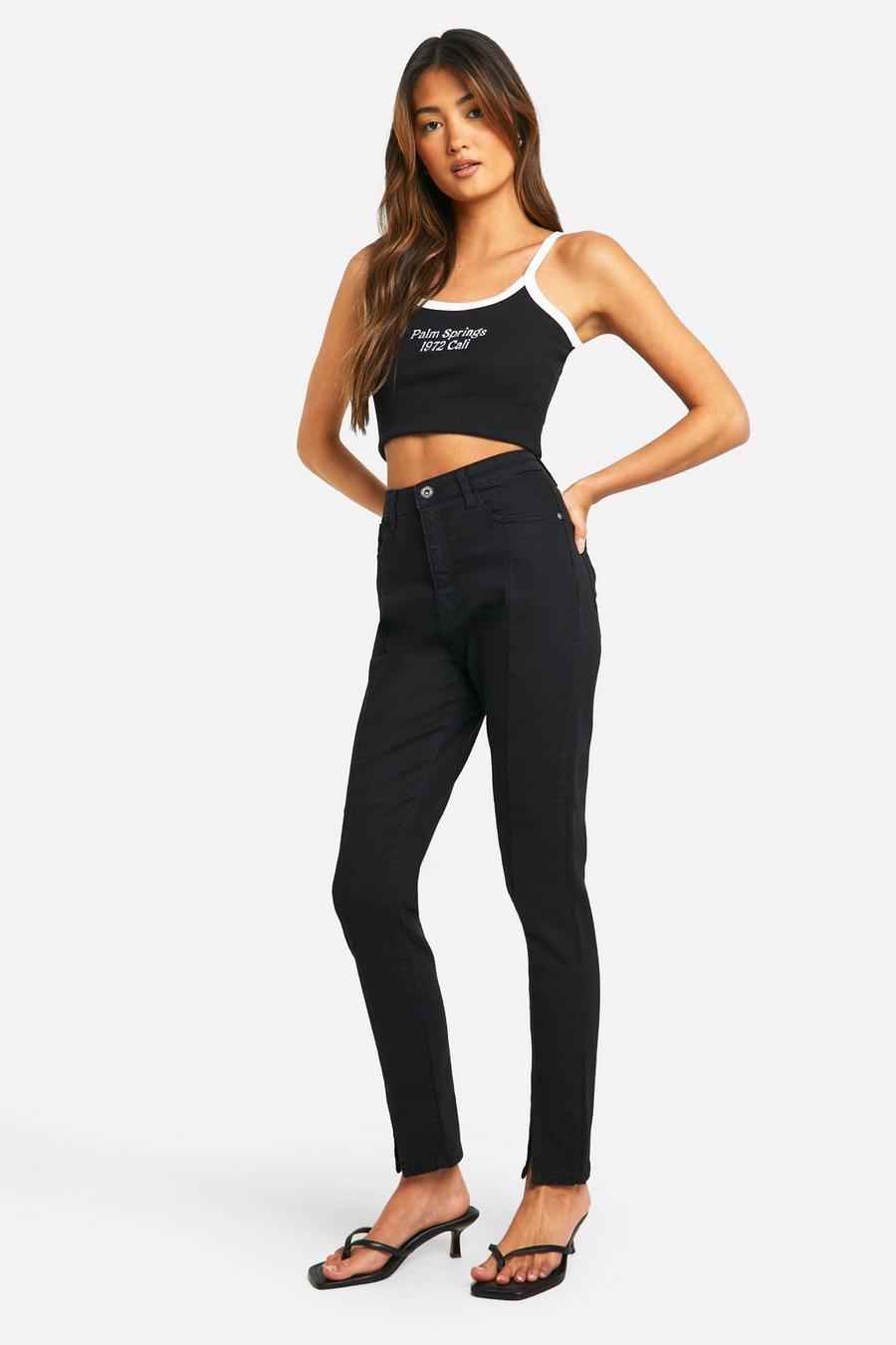 Jeans Basics a vita alta Skinny Fit con spacco sul fondo, Black image number 1