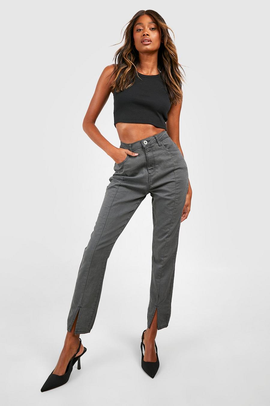 Grey Basics High Waisted Split Hem Skinny Jeans image number 1