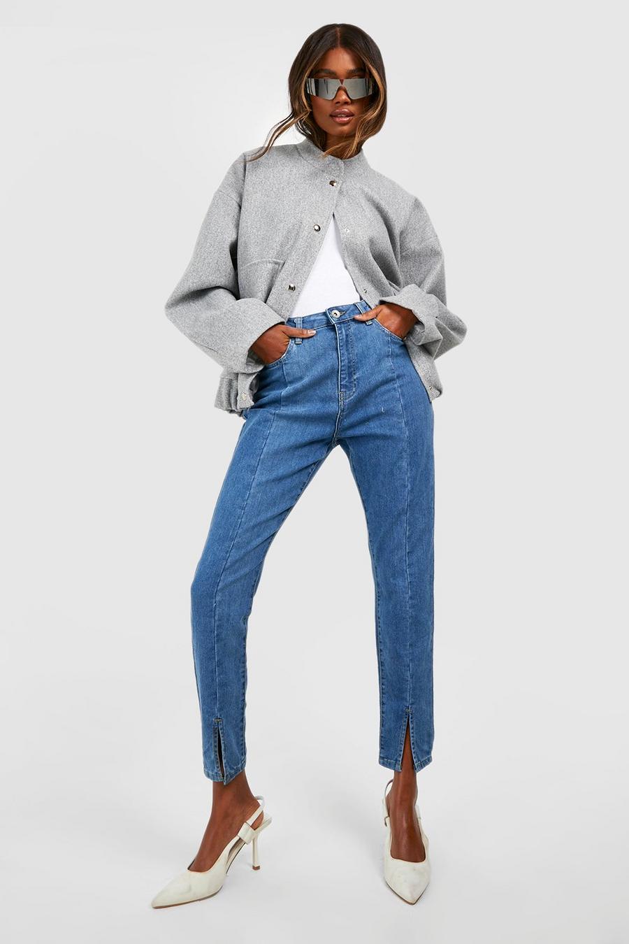 Mid blue Basic Högmidjade skinny jeans med slitsar image number 1