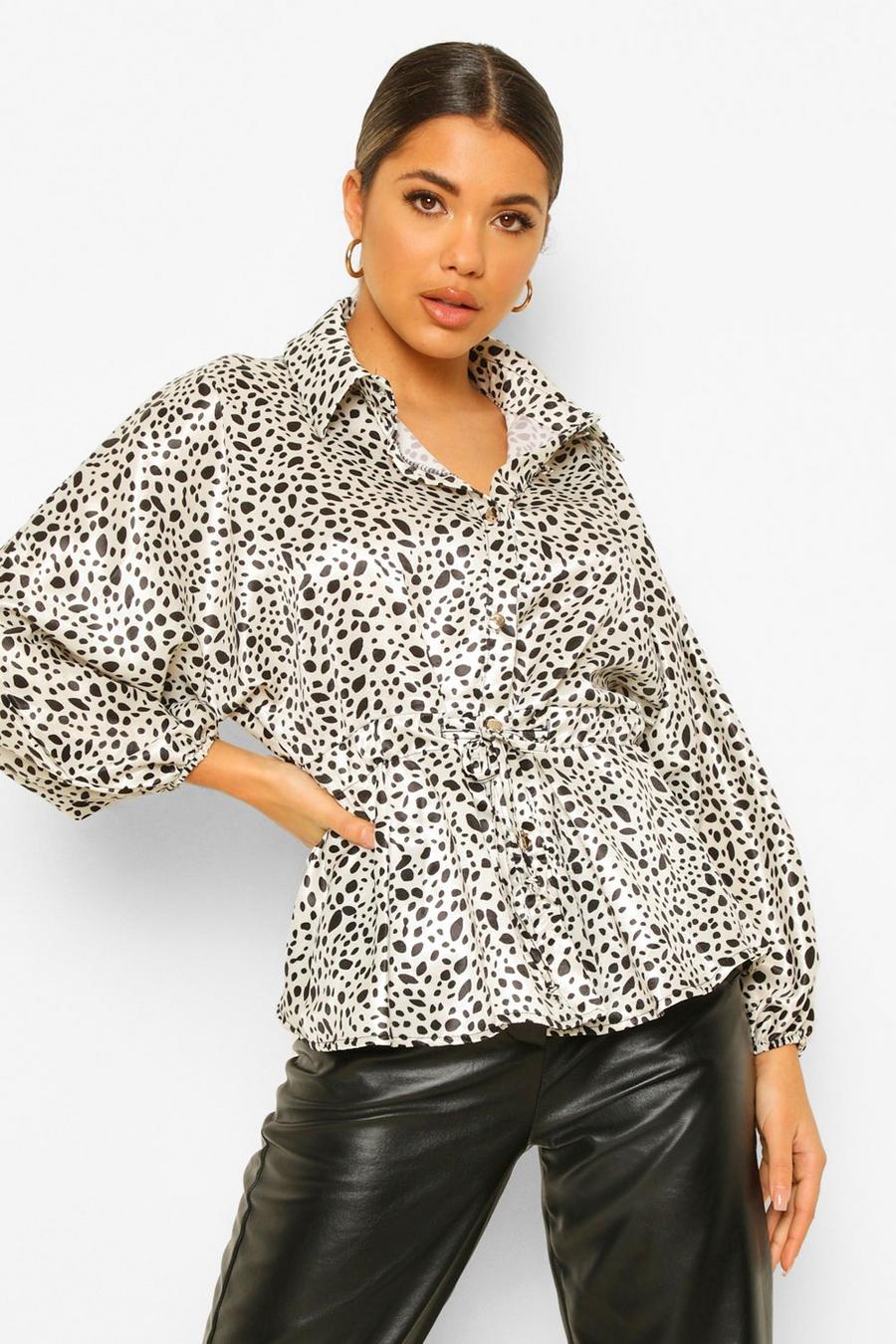 Hammered Satin Dalmatian Print Ruched Waist Blouse image number 1