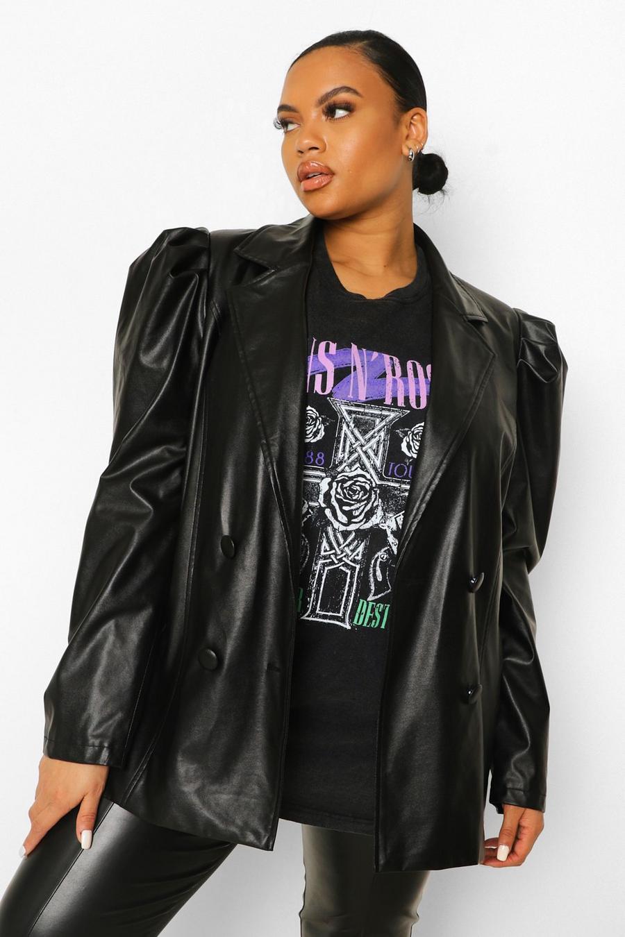 Black Plus Faux Leather Puff Shoulder Belted Jacket image number 1