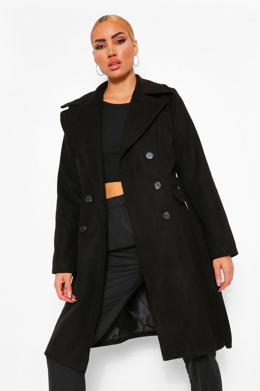 Cappotto lungo doppio petto effetto lana con cintura, Nero negro image number 1