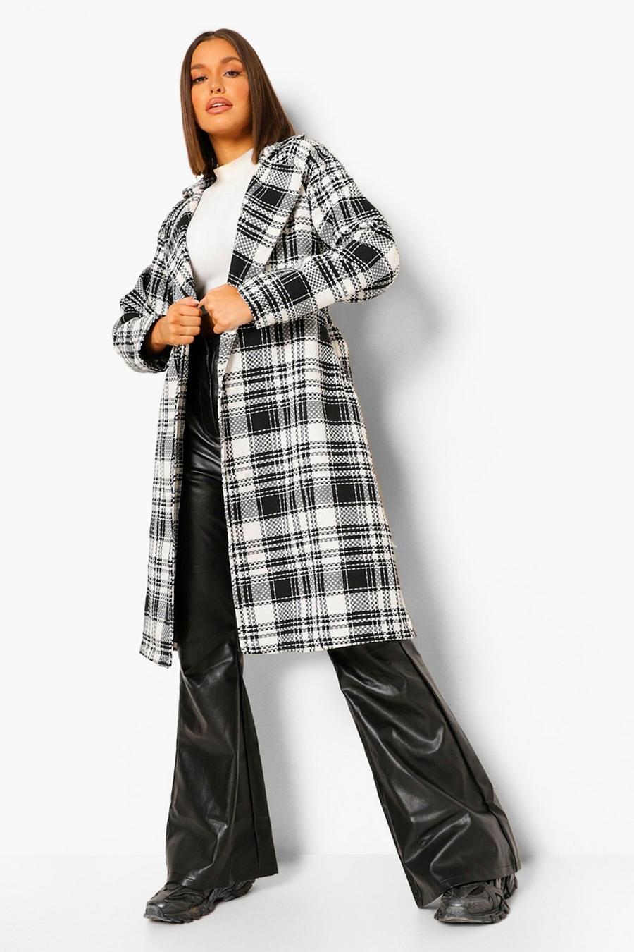 Cappotto a vestaglia oversize effetto lana a quadri con cintura, Nero image number 1
