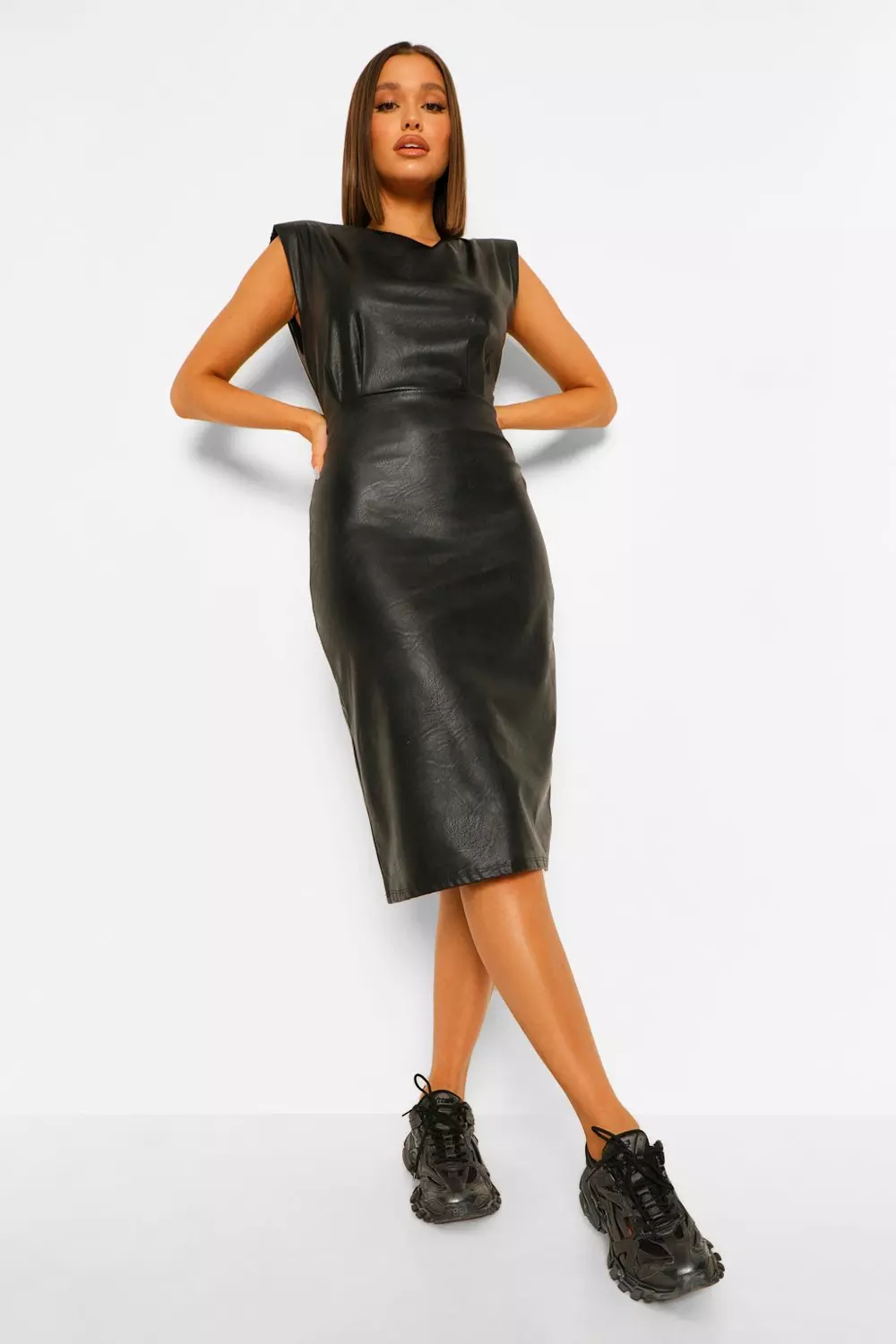 Leather look sale midi dress