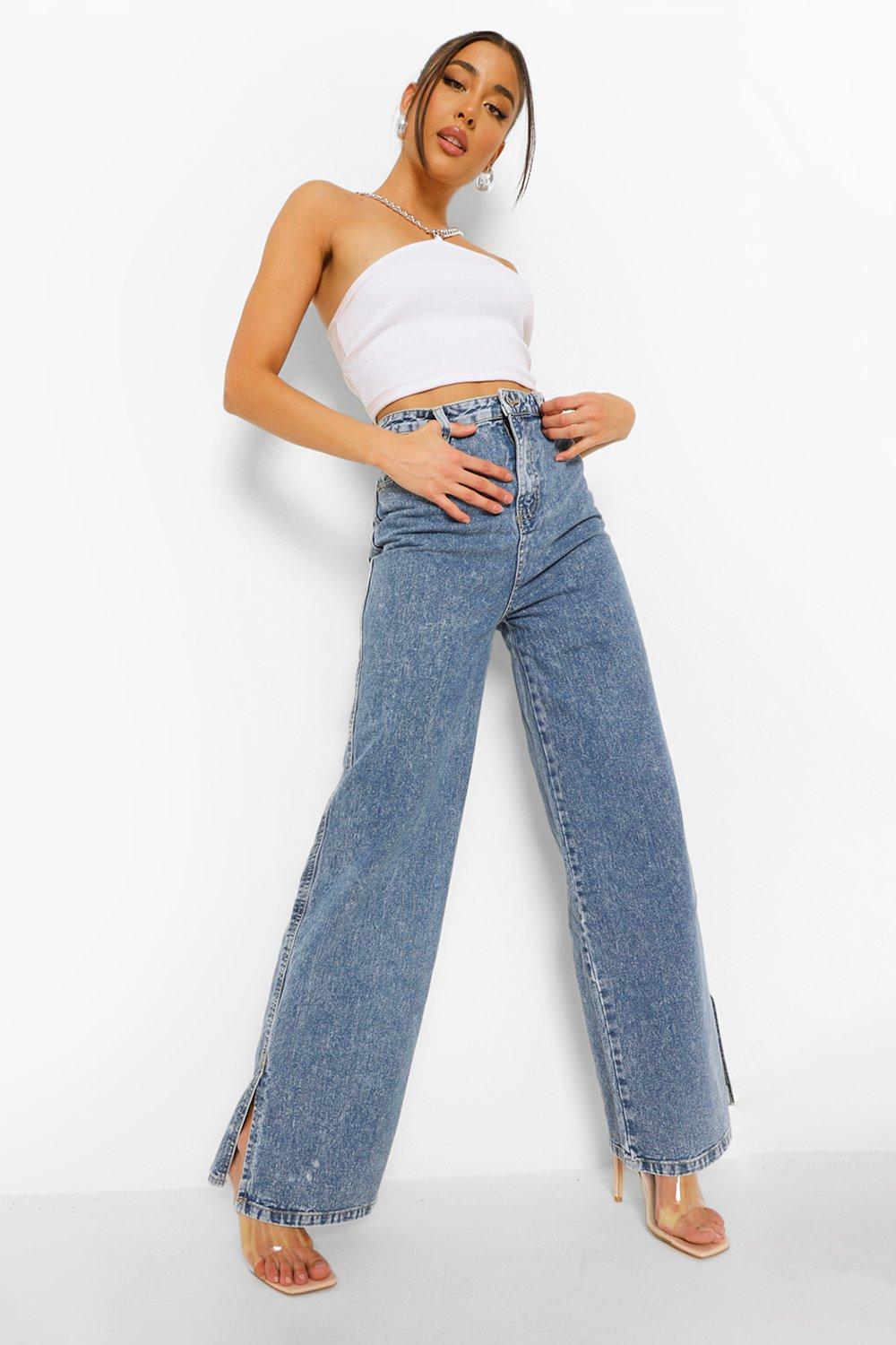 vintage wash long leg split hem straight jeans