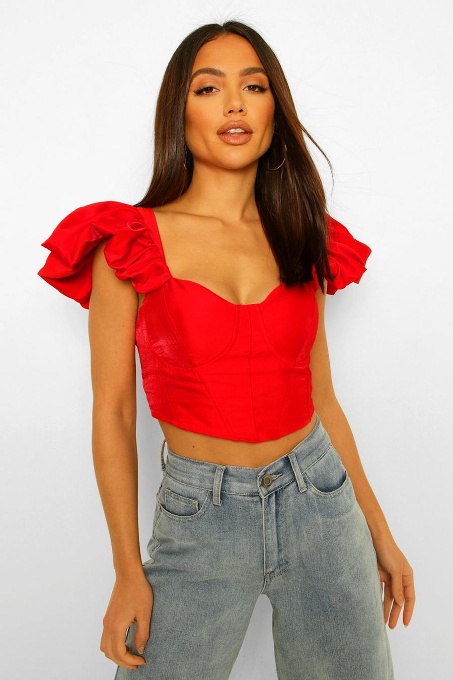 Red Woven Ruffle Detail Cup Detail Top image number 1