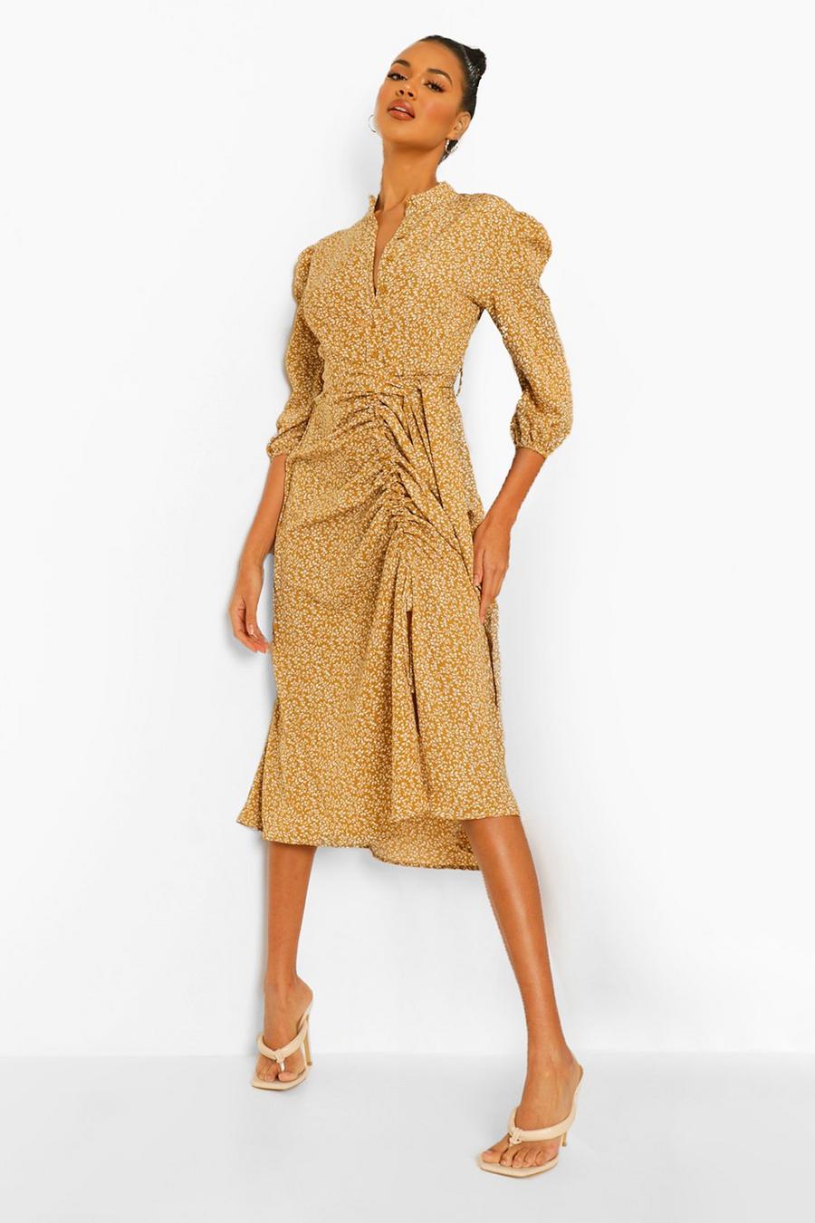 Mustard Ditsy Floral Ruched Front Midaxi Shirt Dress image number 1