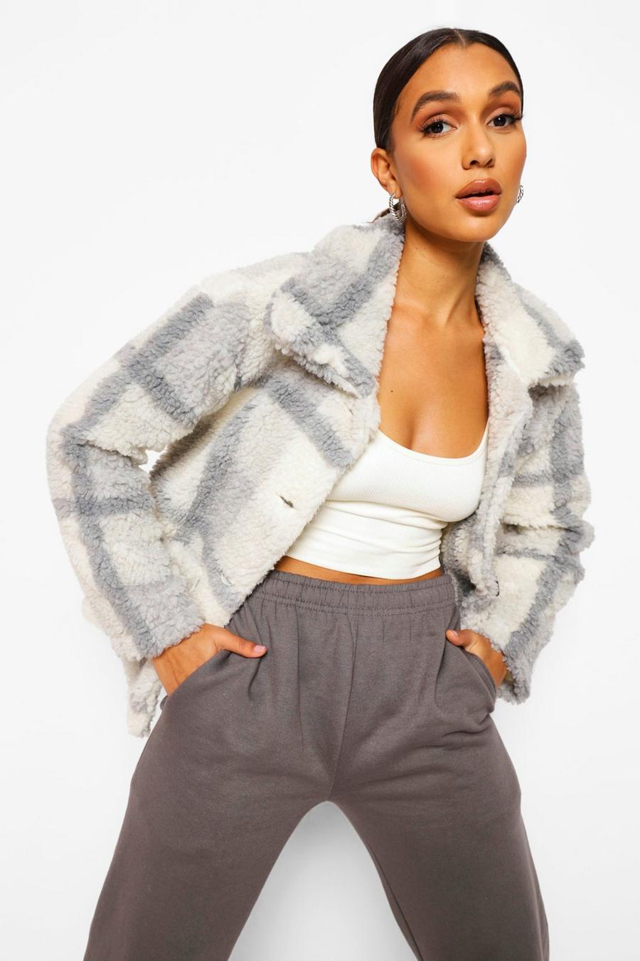 Grey Check Teddy Faux Fur Button Through Coat image number 1