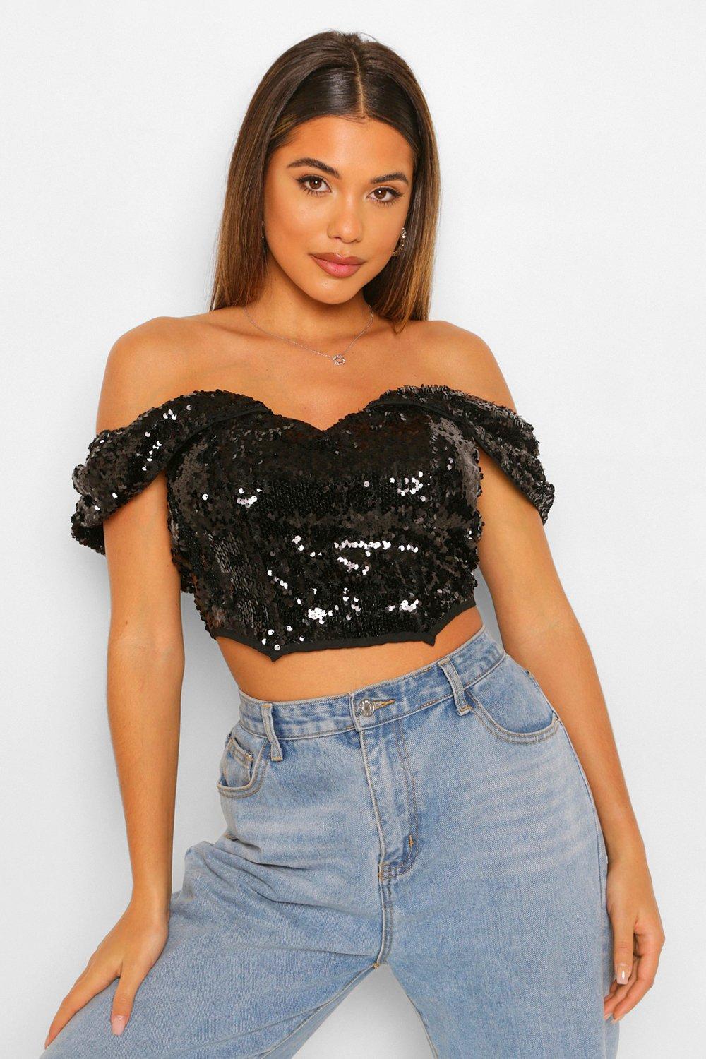 black off the shoulder sequin top