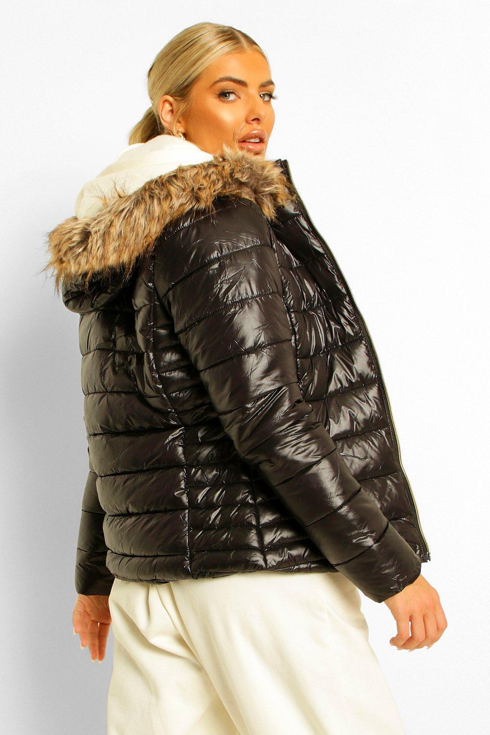 black faux fur puffer