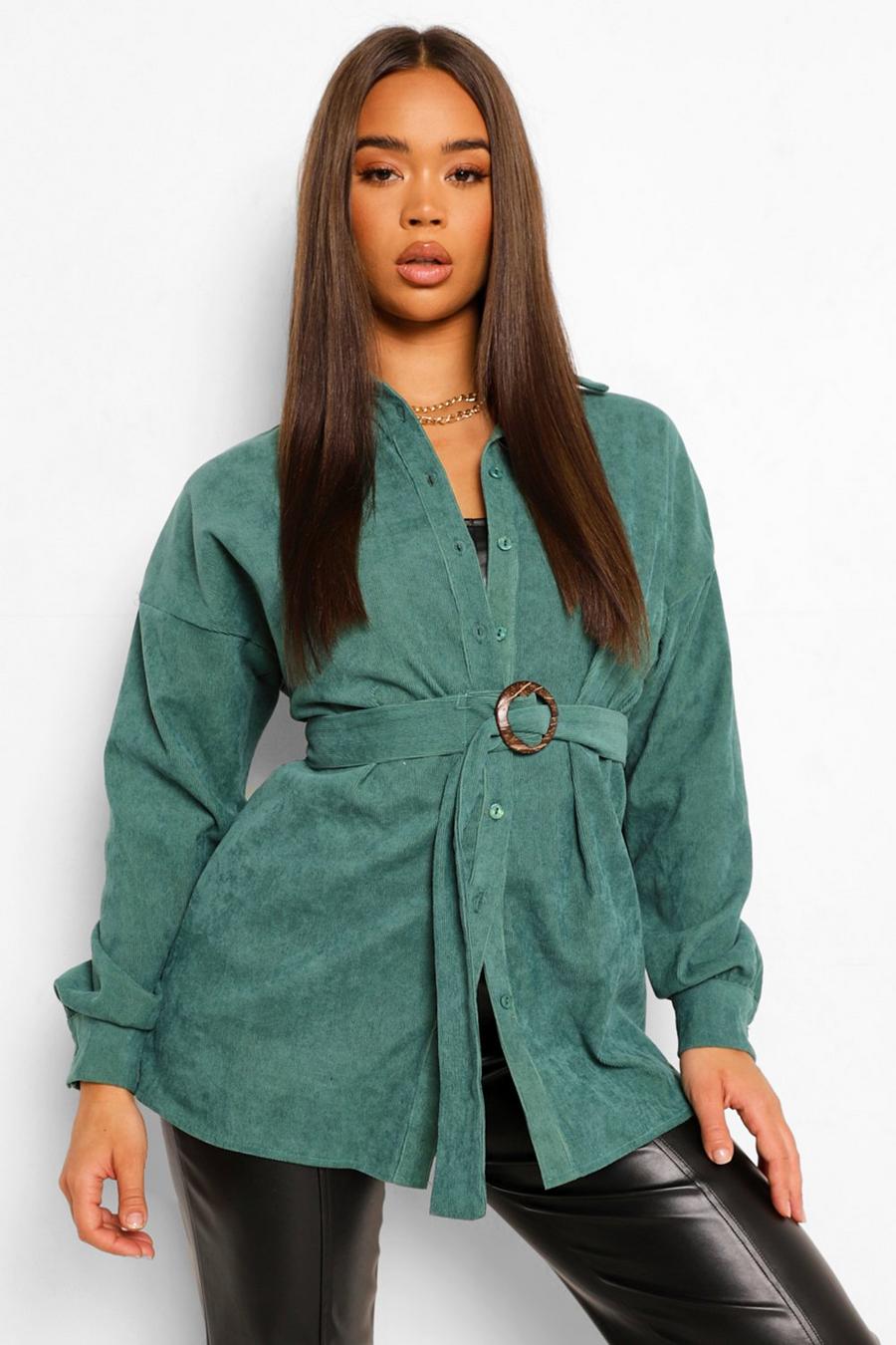 Green Cord Belted Oversized Shirt image number 1