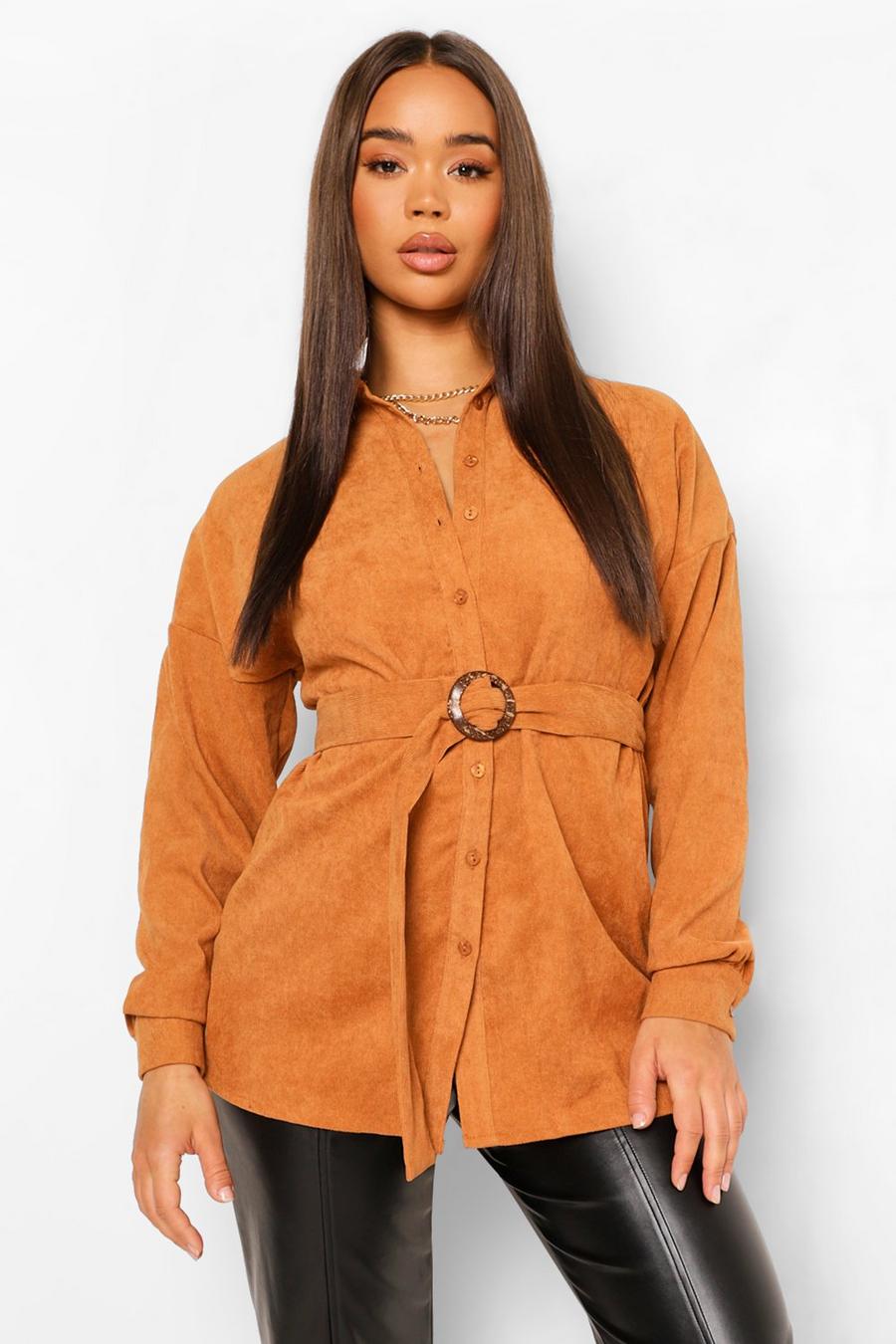 Tan Cord Belted Oversized Shirt image number 1