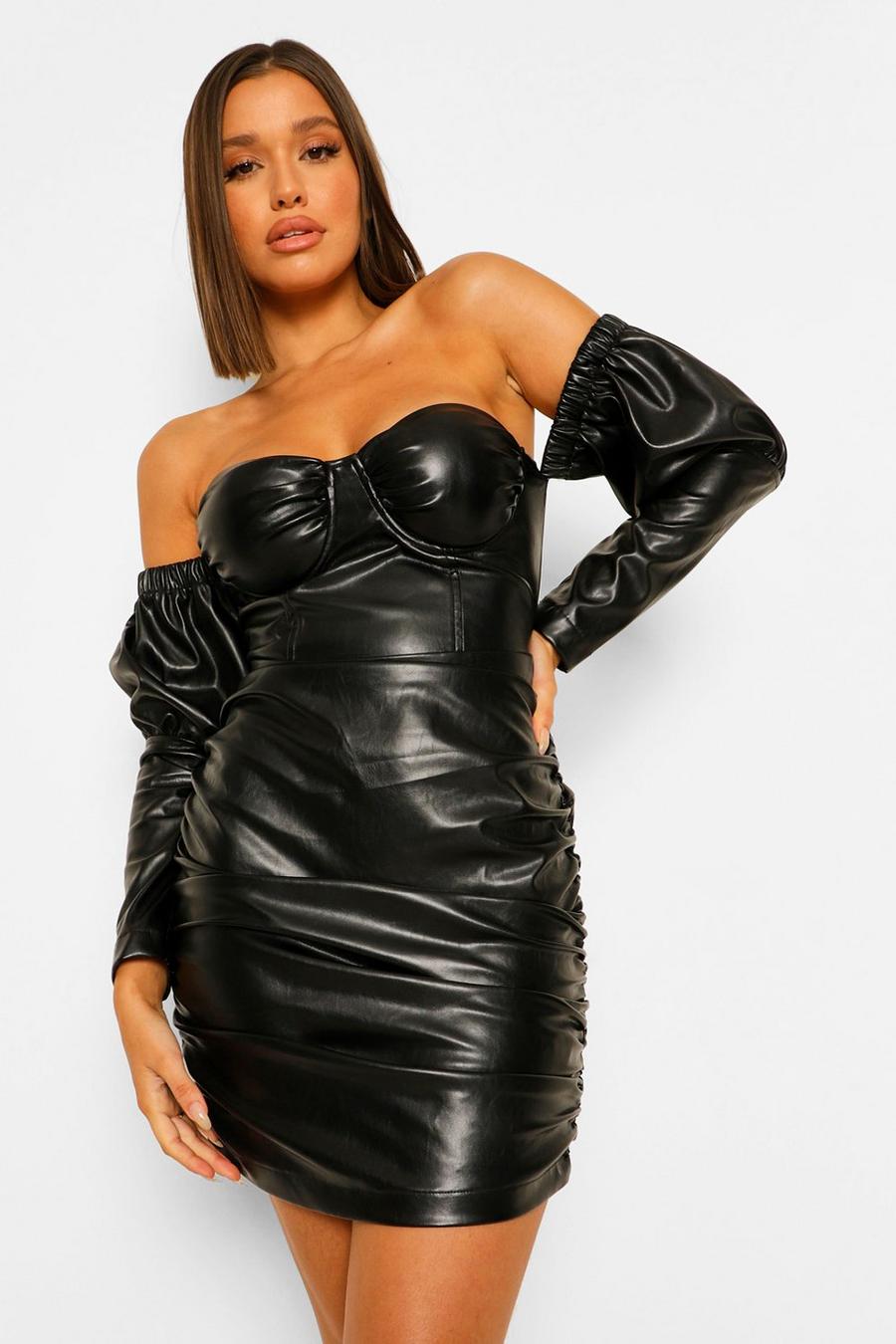 Black Faux Leather Ruched Cupped Dress image number 1
