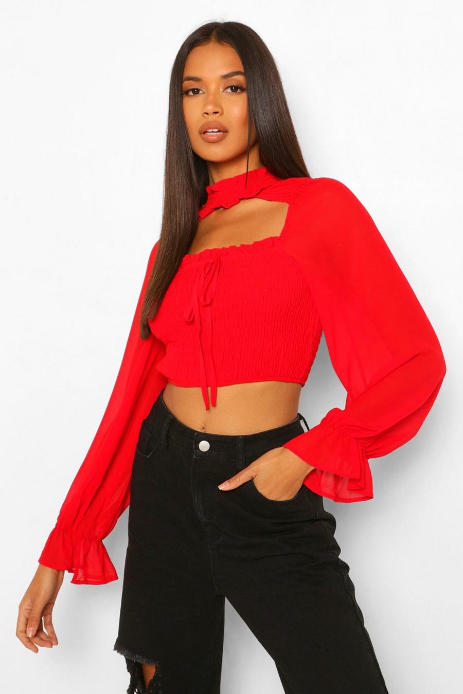 Red Ruffle Detail Cut Out Top image number 1