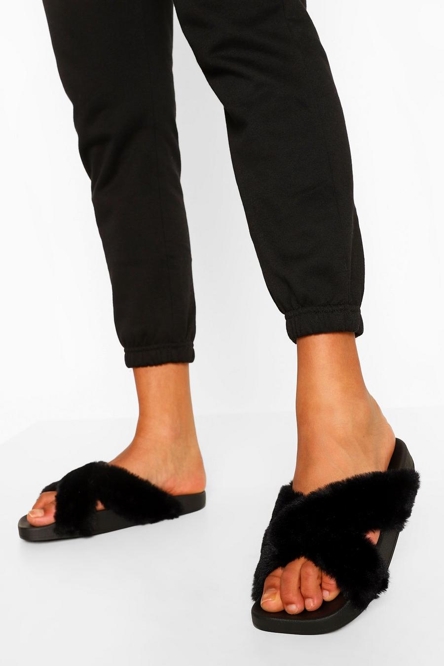 Zwart Faux Fur Slippers Met Gekruiste Bandjes image number 1