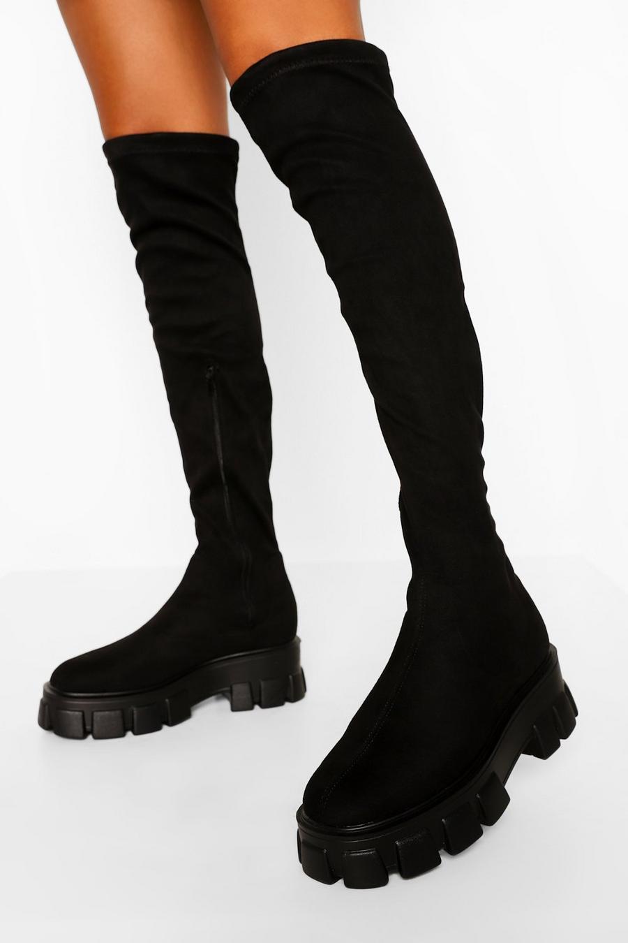 Elastische Overknee-Stiefel mit dicker Sohle, Schwarz noir