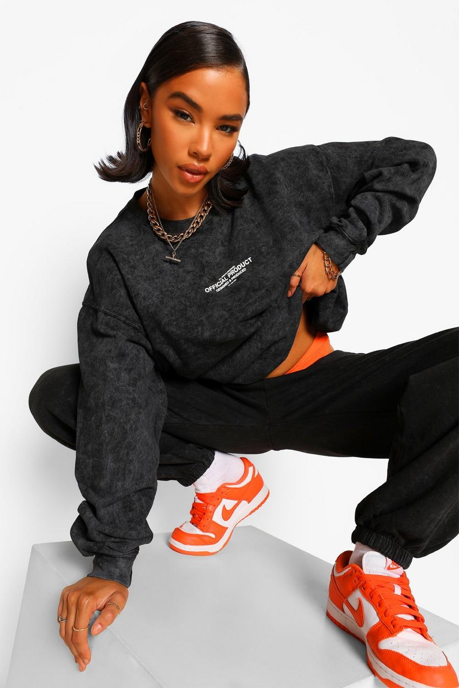 Charcoal "Official Product" Oversize sweatshirt med stentvättad effekt image number 1