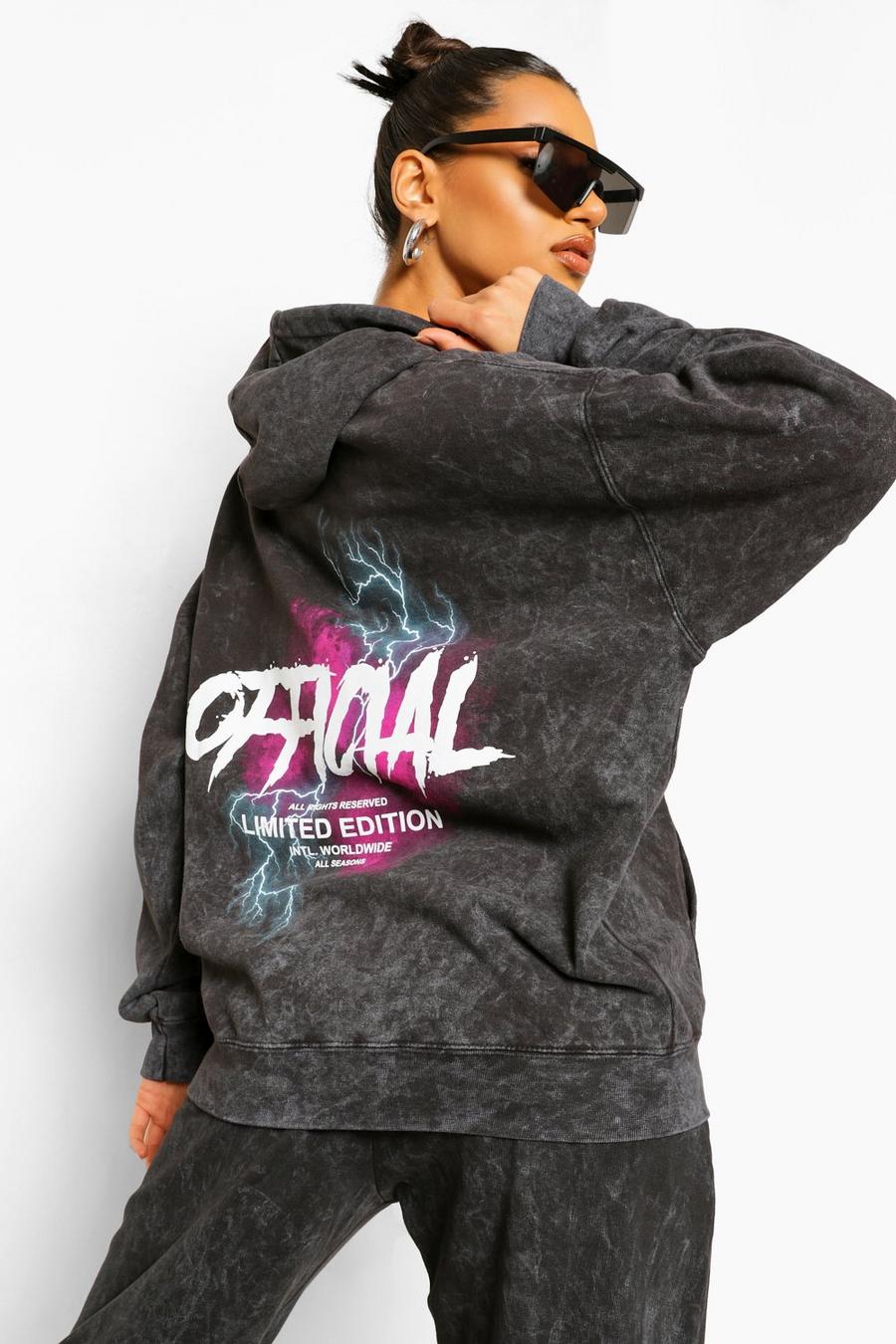 Charcoal Official Oversize stentvättad hoodie med blixtar image number 1