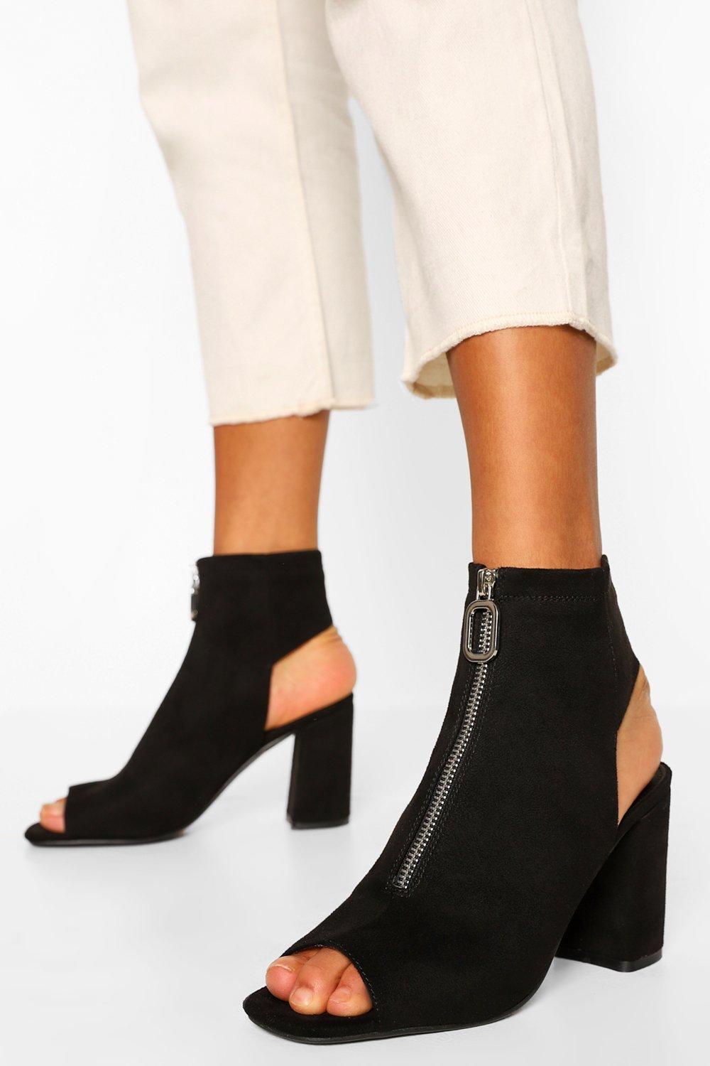 Black open shop toe shoe boots