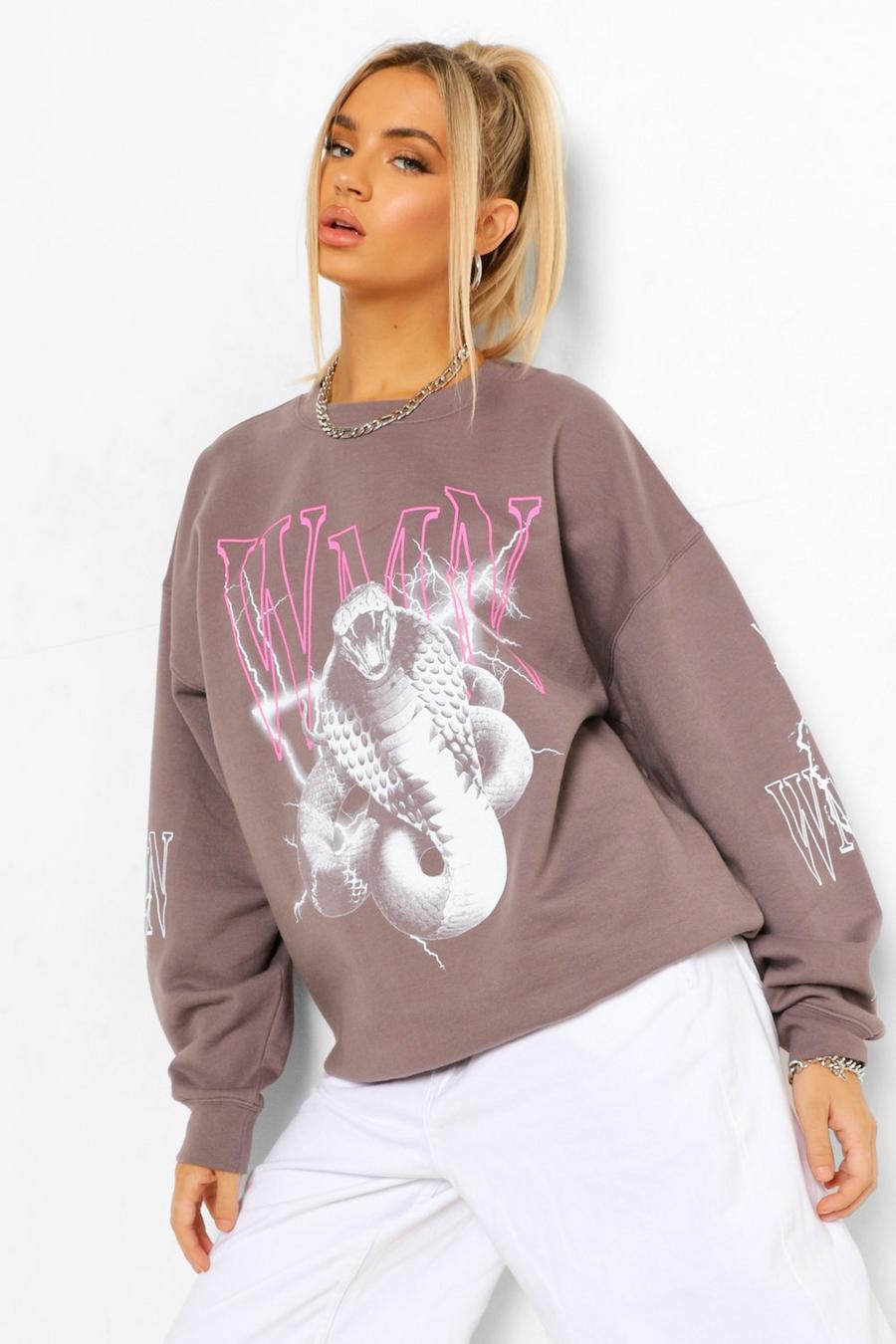 Slate grey Snake Woman Sleeve Print Oversized Sweatshirt image number 1