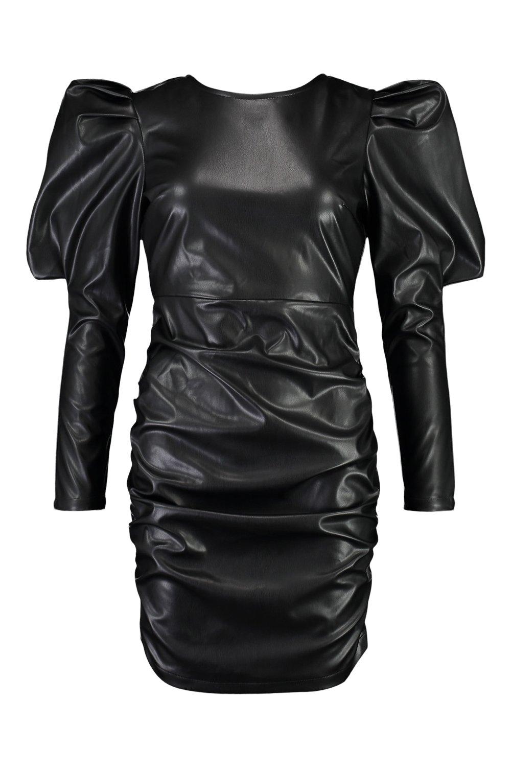 Leather Look Puff Shoulder Ruched Dress boohoo FI