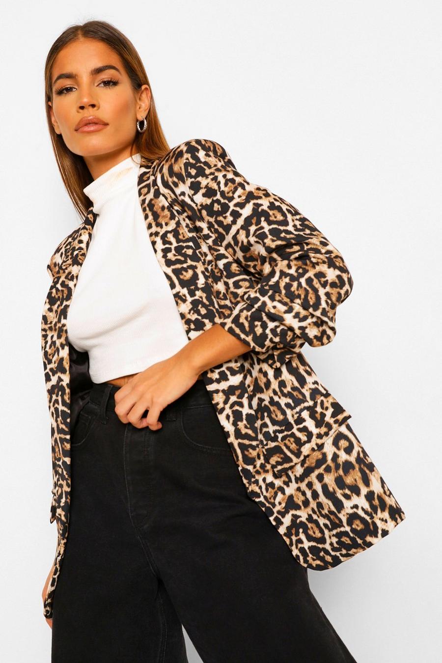 Black Leopard Ruched Sleeve Blazer image number 1
