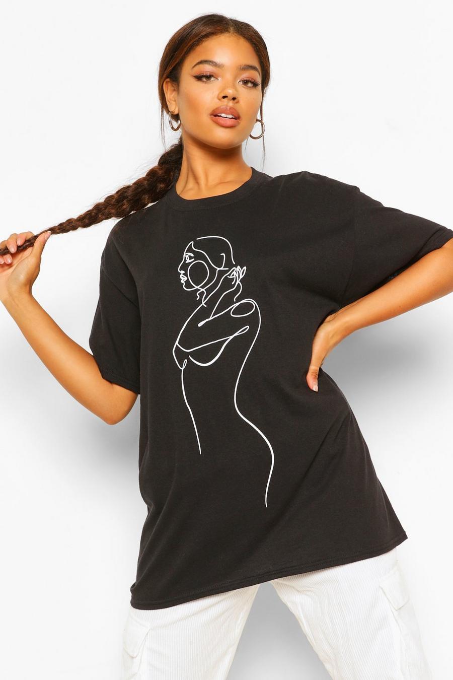 שחור טישרט אוברסייז עם ציור קו של אישה image number 1