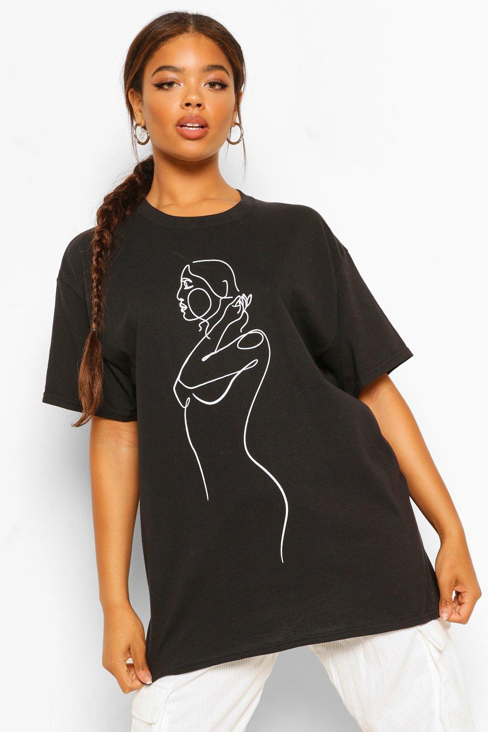 Black Oversized T-Shirt With Man Sketch Print