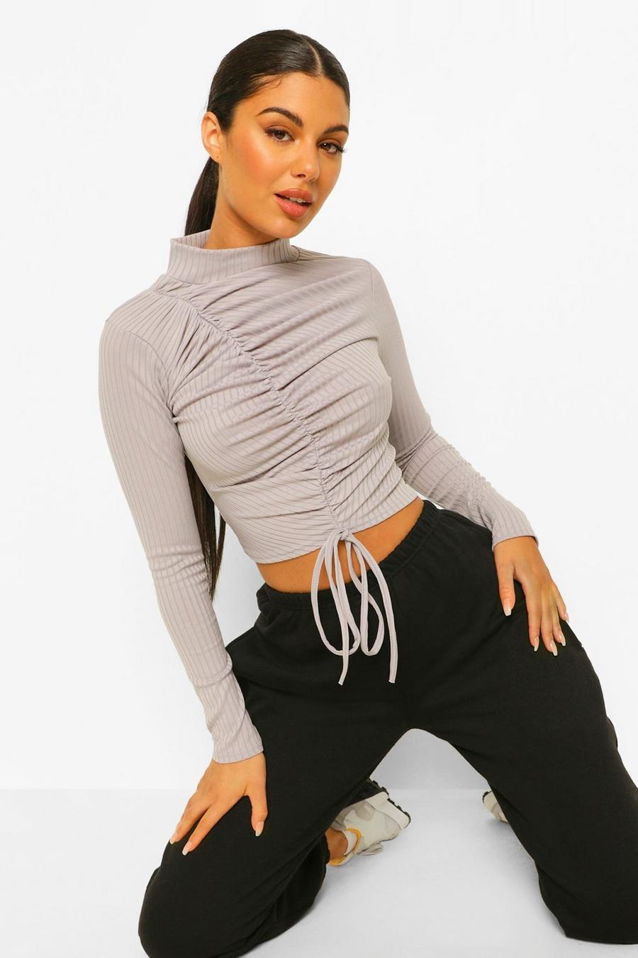 Grey marl Ribbed High Neck Ruched Front Top image number 1