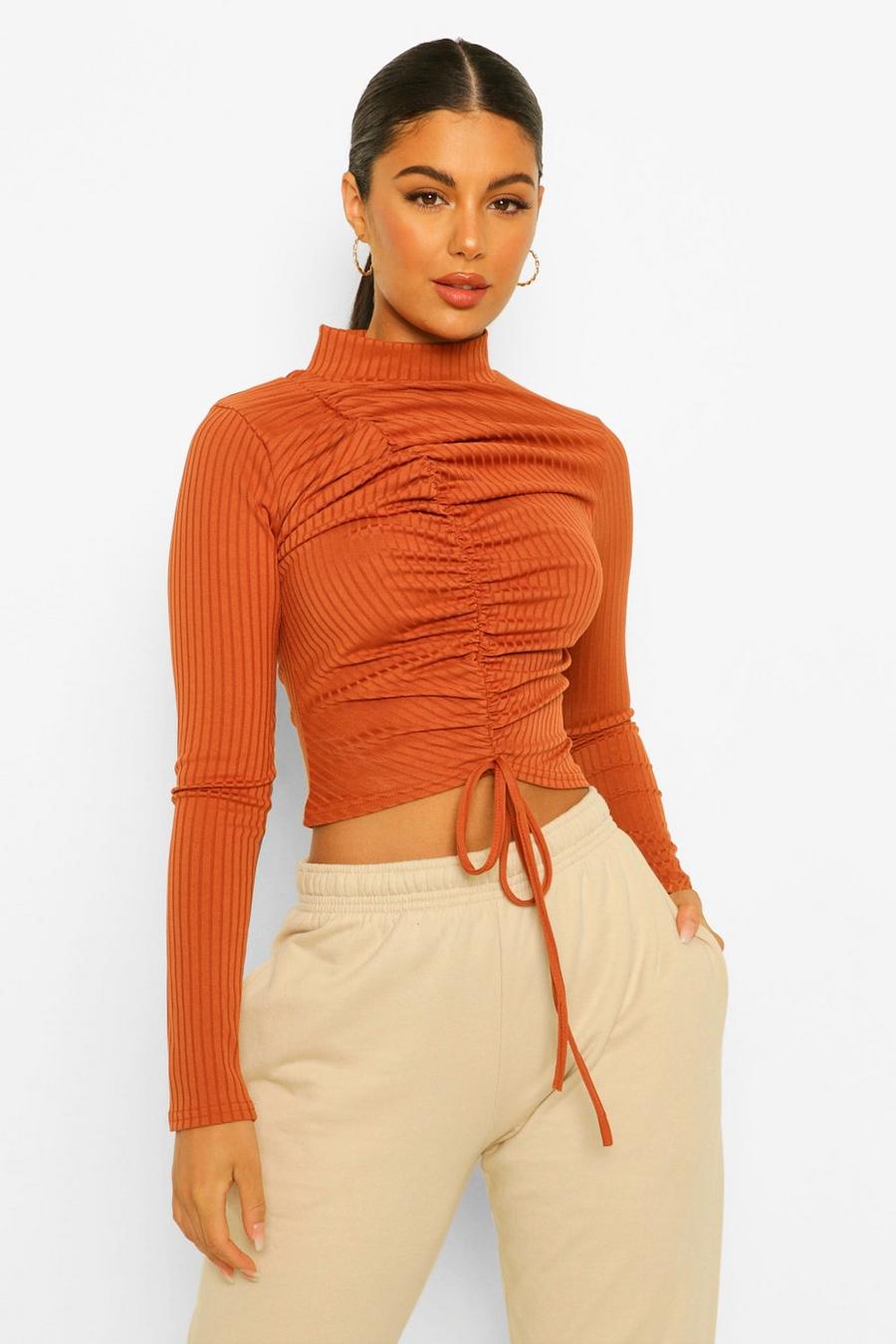 Terracotta Ribbed High Neck Ruched Front Top image number 1