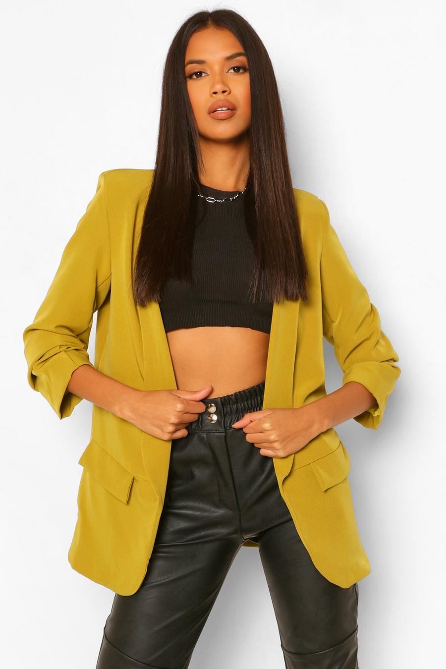 Chartreuse Ruched Sleeve Tailored Blazer image number 1