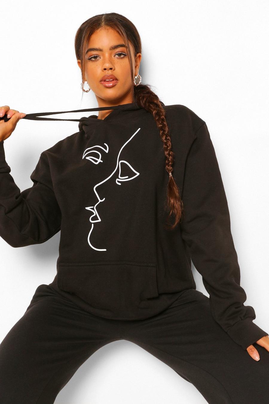 Black Face Line Drawing Oversized Hoodie image number 1