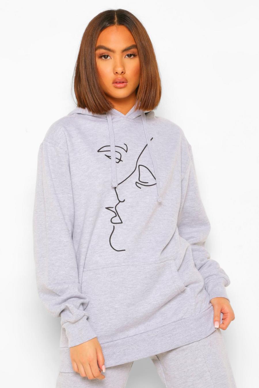 Grey marl Face Line Drawing Oversized Hoodie image number 1