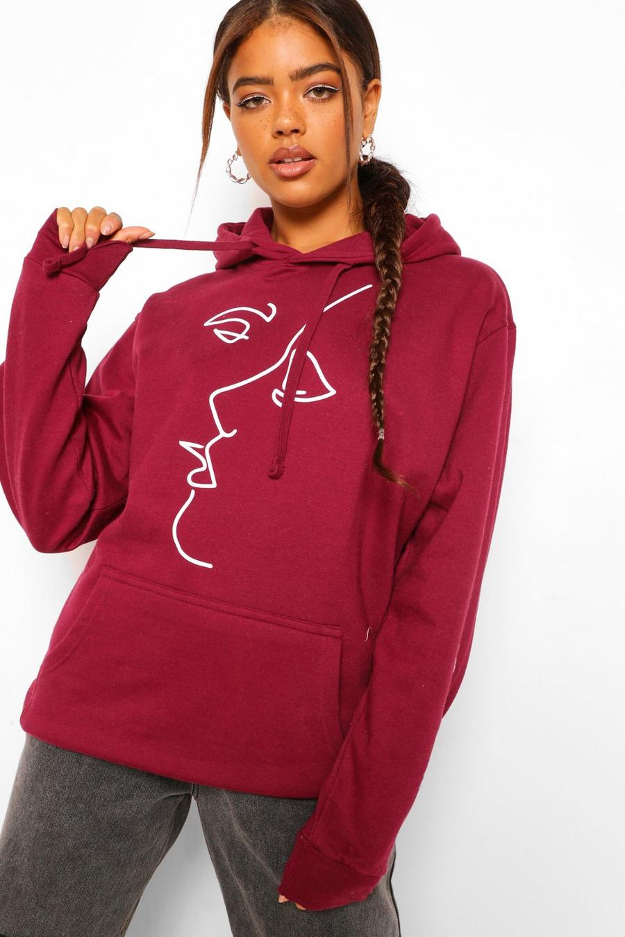 Maroon Face Line Drawing Oversized Hoodie image number 1