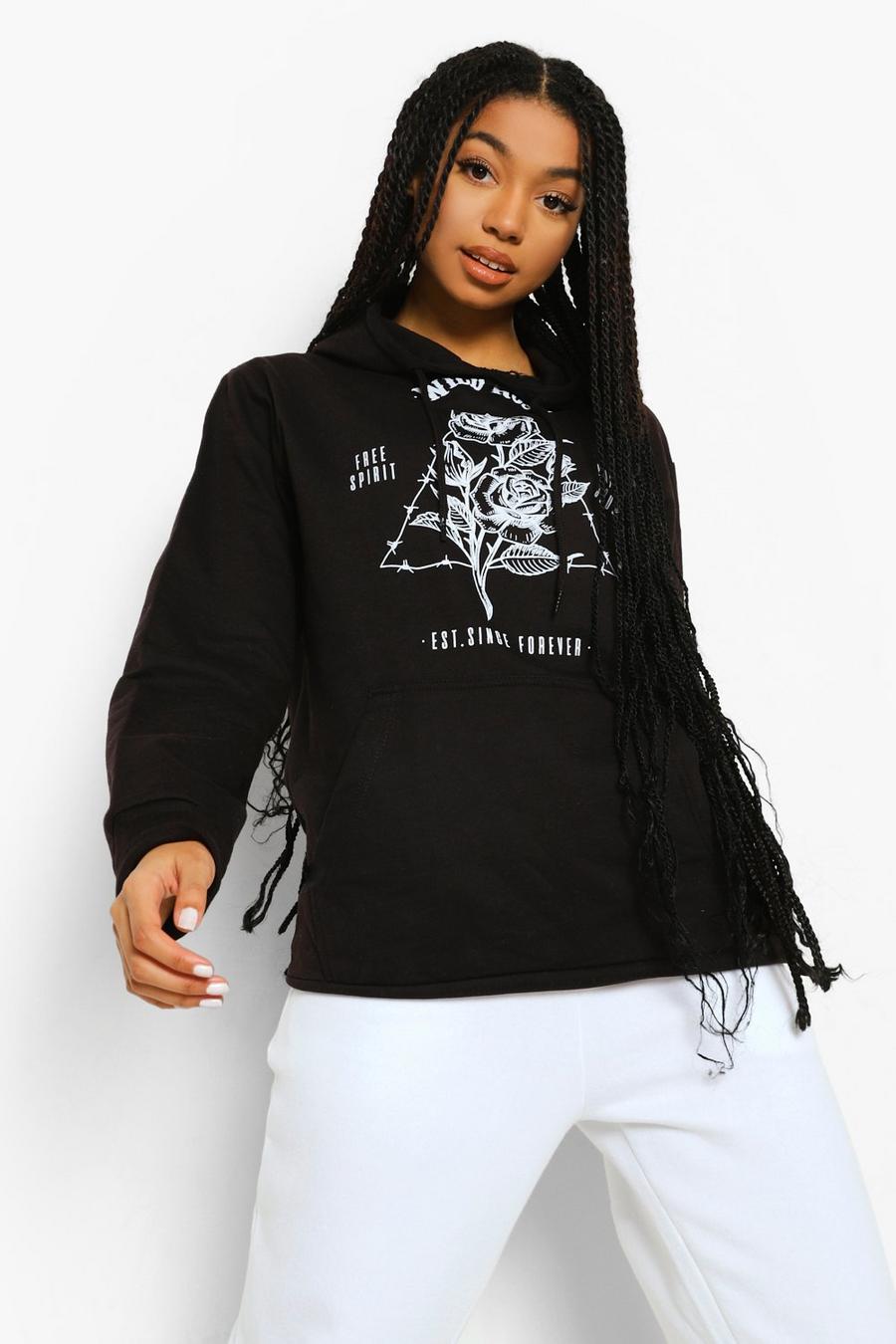 Black "Wild Rose" Stentvättad hoodie i boyfriendstil image number 1