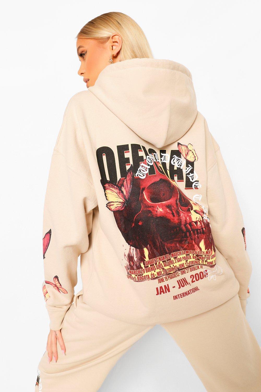 Oversize Flame And Butterfly Print Hoodie