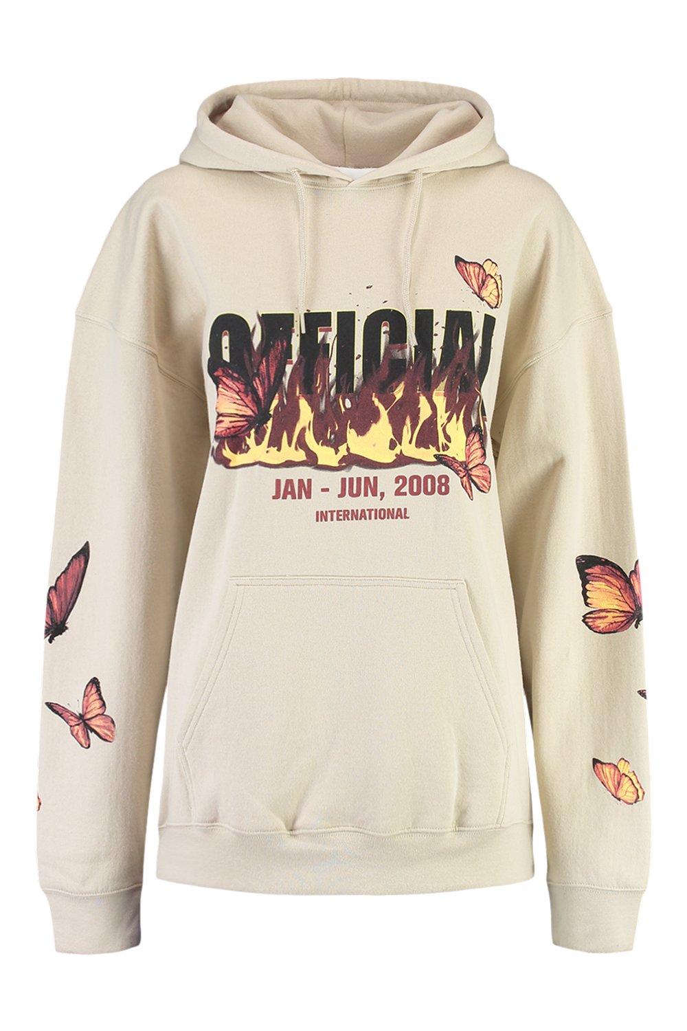 Oversize Flame And Butterfly Print Hoodie