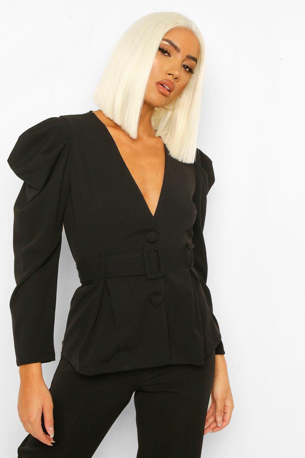 Black Ruched Sleeve Belted Collarless Blazer