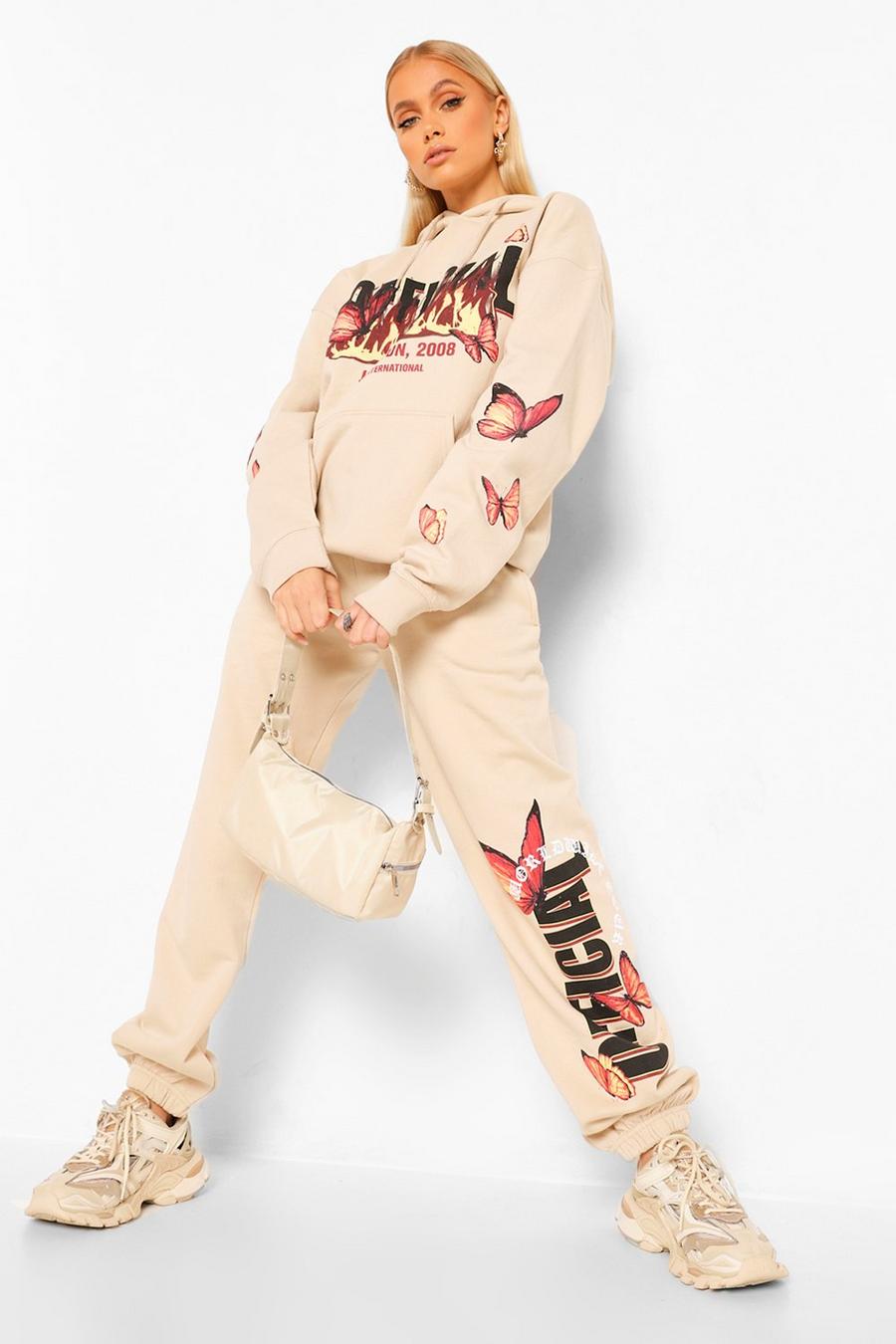 Oversized Flame And Butterfly Print Joggers, Stone image number 1