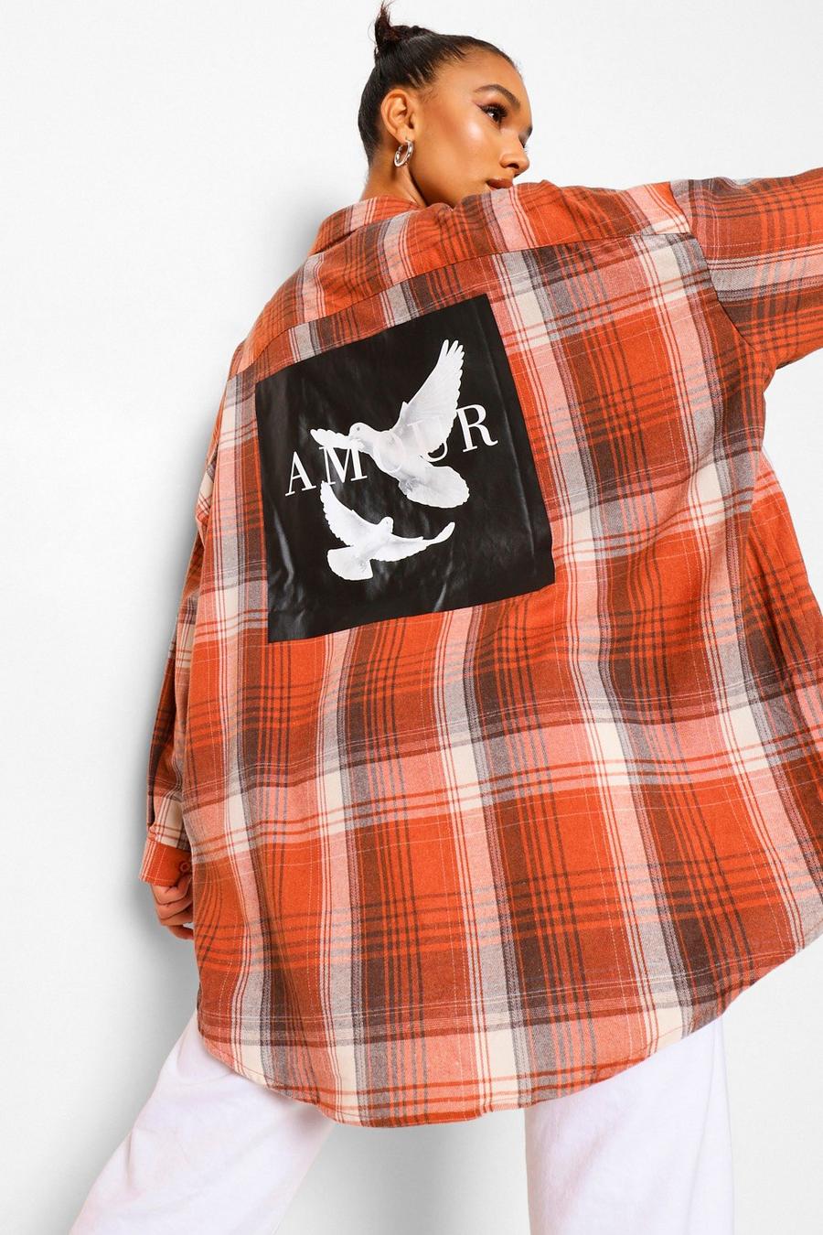 Rust Amour Doves Back Print Check Boyfriend Shirt image number 1