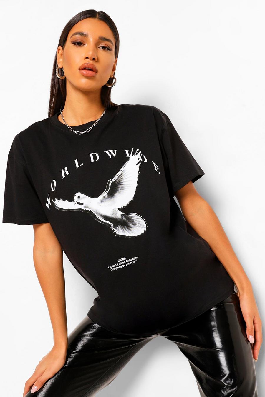 Boyfriend T-Shirt mit Tauben-Motiv und Schriftzug „Worldwide“, Schwarz image number 1