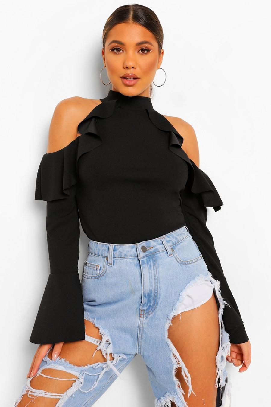 Black Cold shoulder-topp i crepe med volanger image number 1