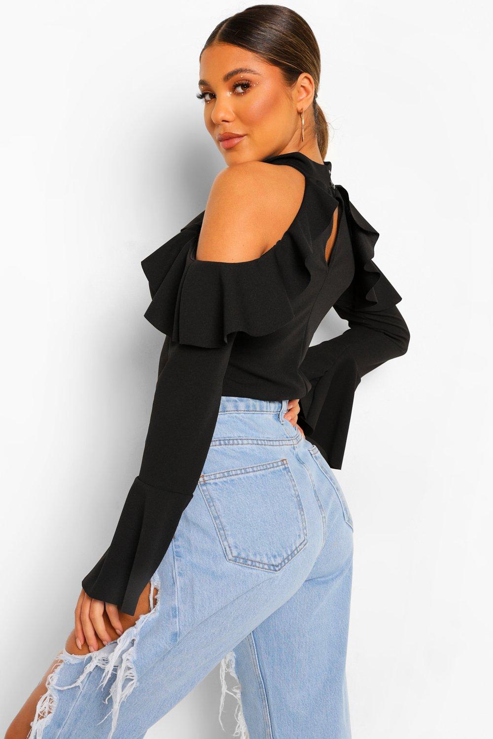 Open shoulder ruffle store top