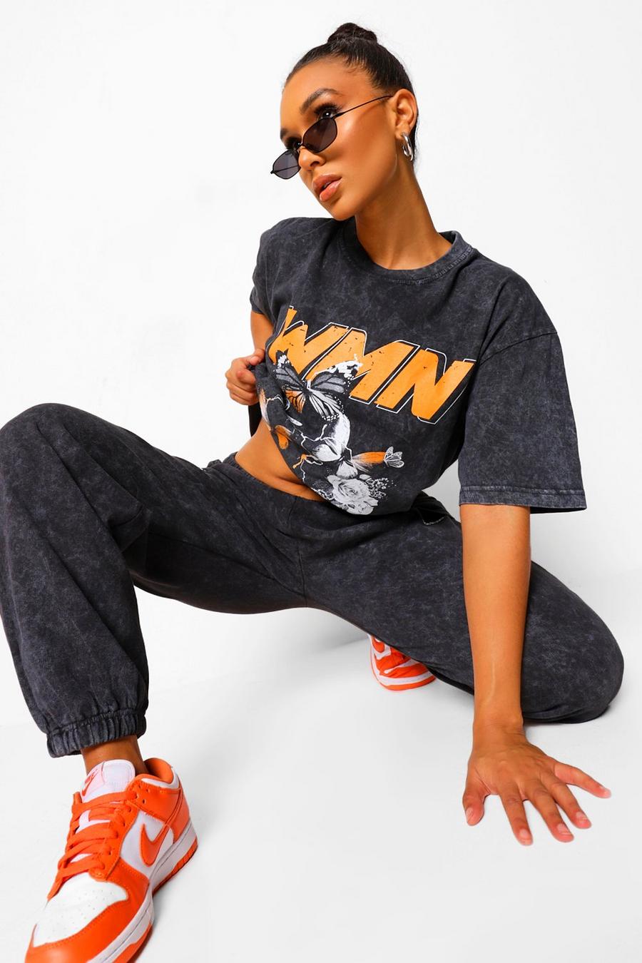 Orange Woman Oversize t-shirt med tvättad effekt och grafiskt tryck image number 1