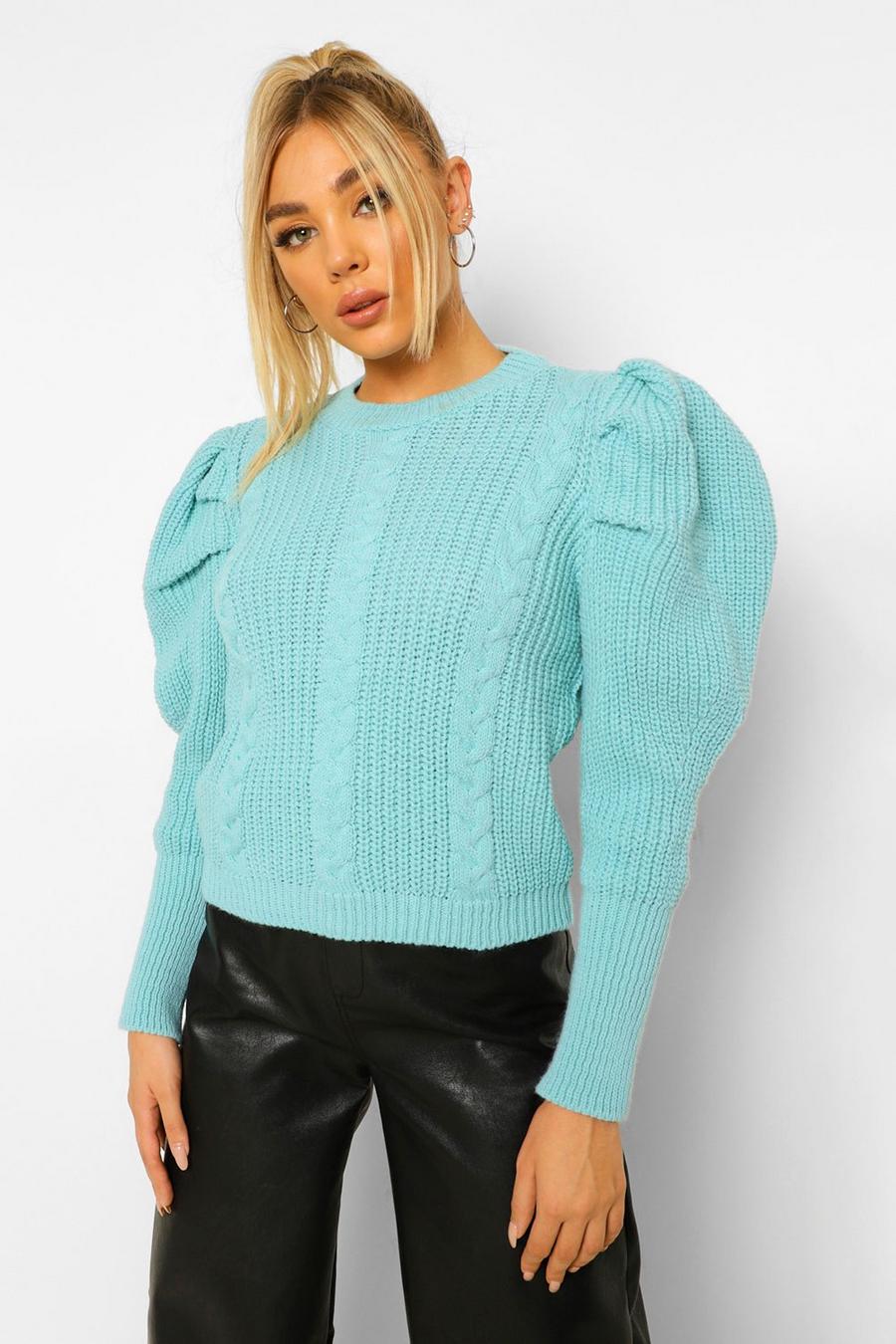 Aqua Puff Sleeve Cable Knitted Jumper image number 1