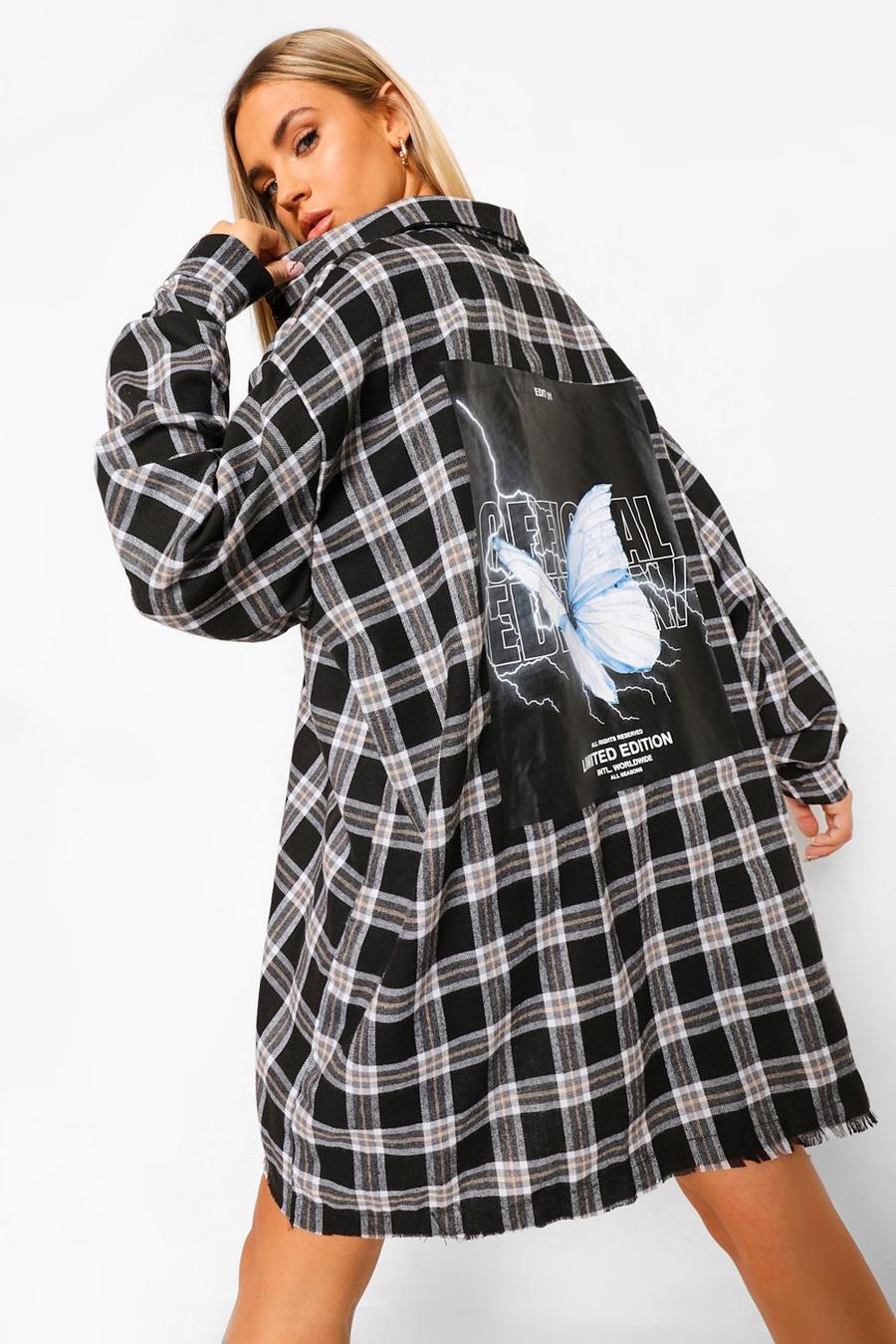 Robe chemise oversize à carreaux imprimé papillon dans le dos, Black image number 1