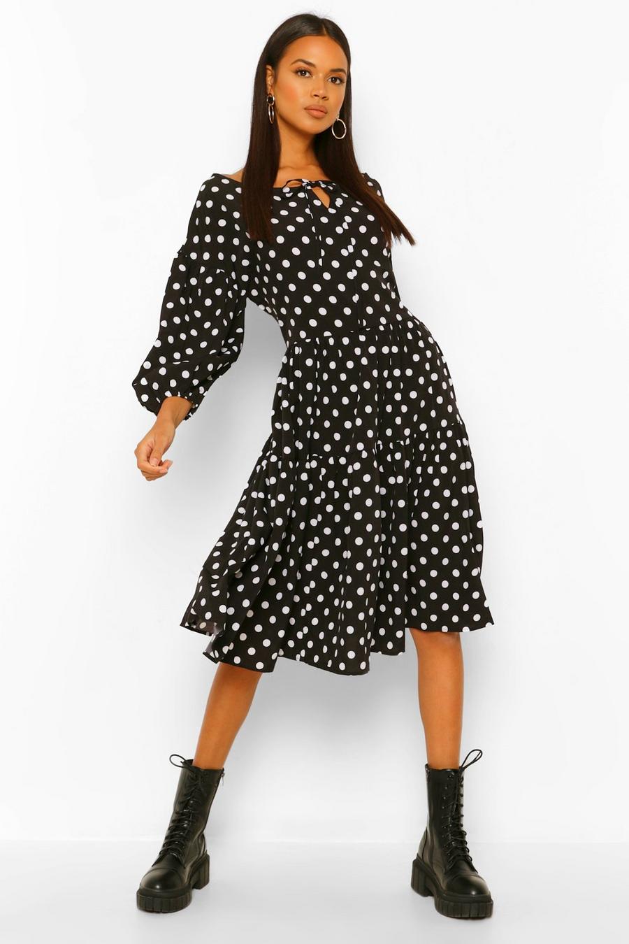 Black Polka Dot Oversized Midi Smock Dress image number 1