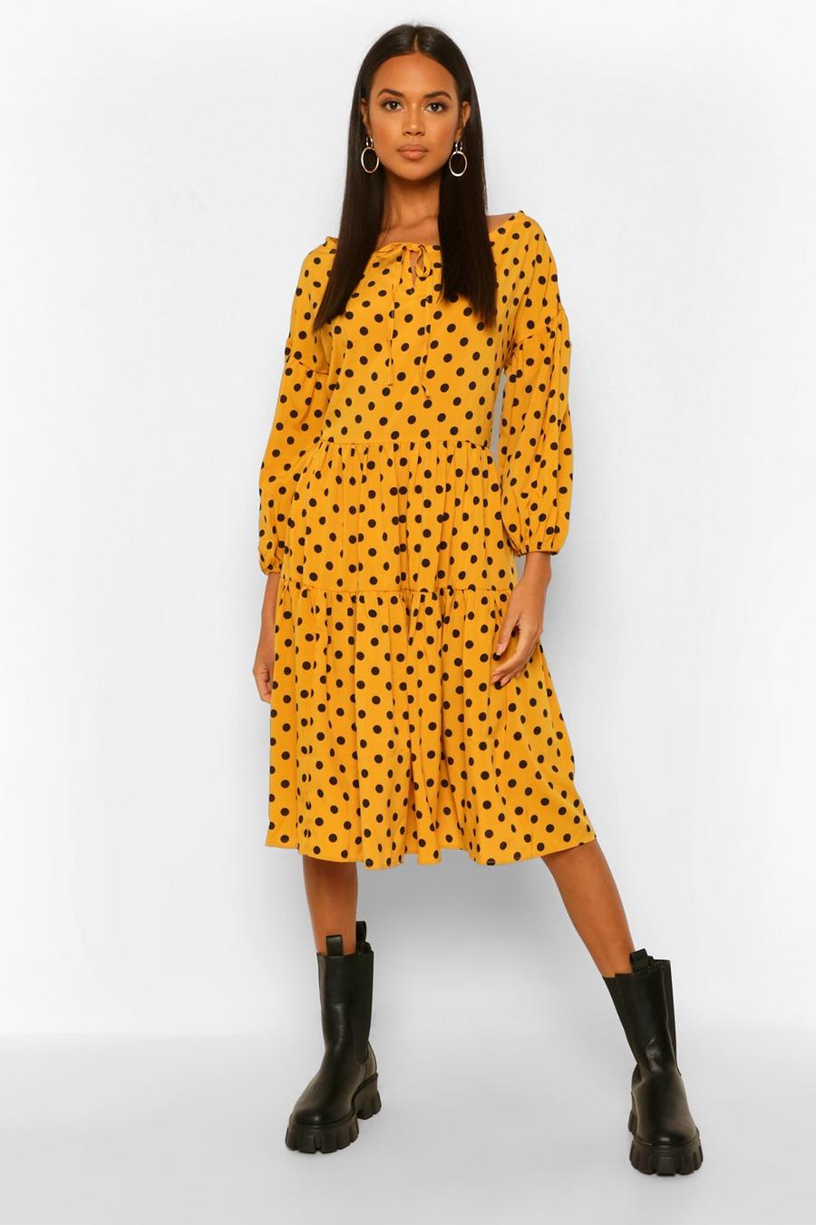 Mustard Polka Dot Oversized Midi Smock Dress image number 1