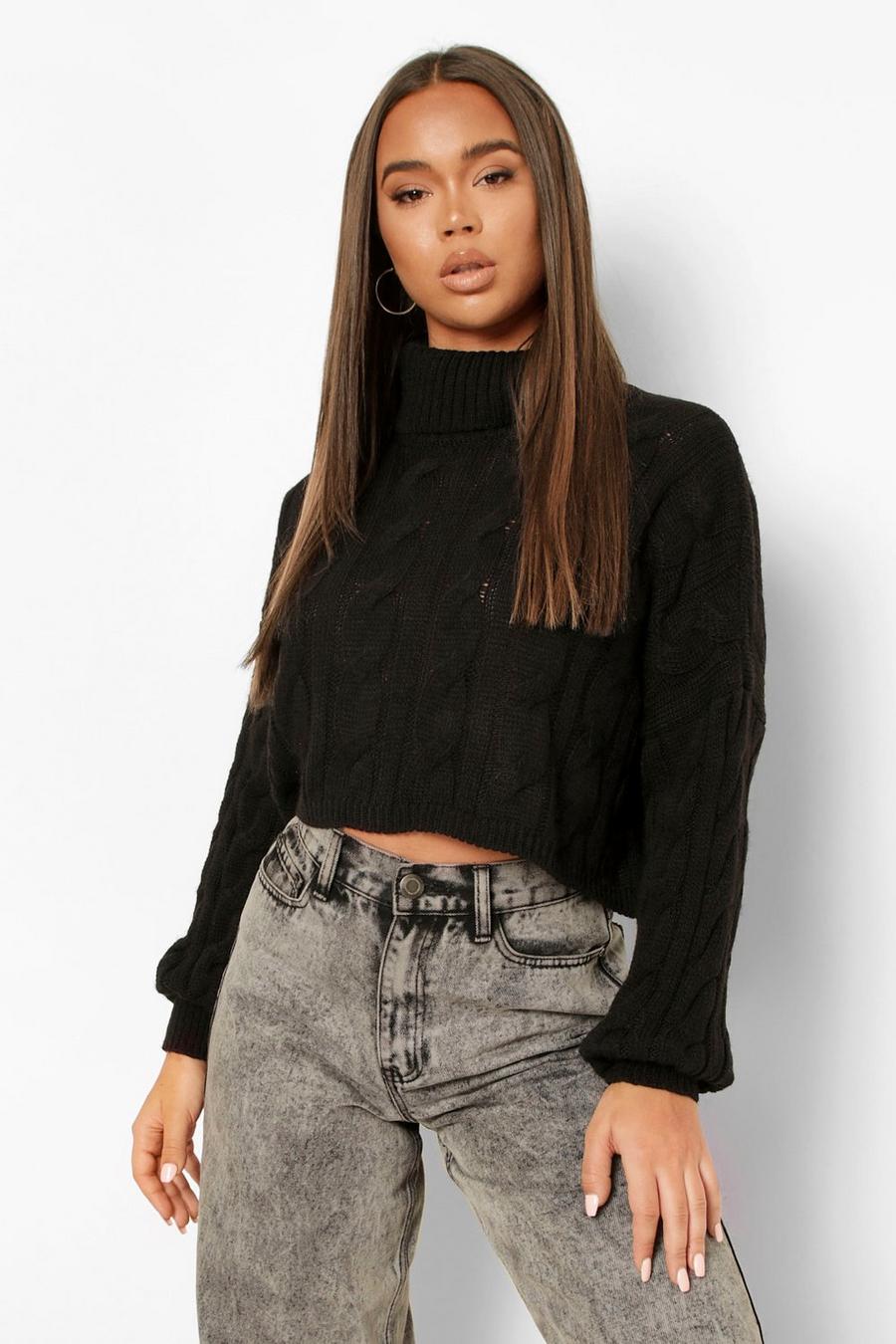Black Slouchy Cable Knit Cropped Jumper image number 1